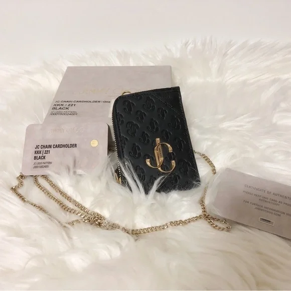 Authentic JIMMY CHOO Black Monogram Embossed Leather JC Logo Chain Card … - Picture 3 of 12